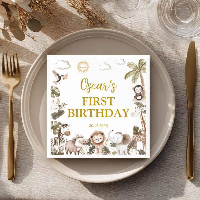 Safari Wild One Jungle Animals Birthday Party Serviette (Von Creator hochgeladen)