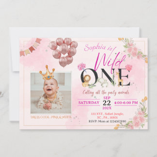 Safari Wild ONE Pink Floral Für Mädchen Geburtstag Einladung