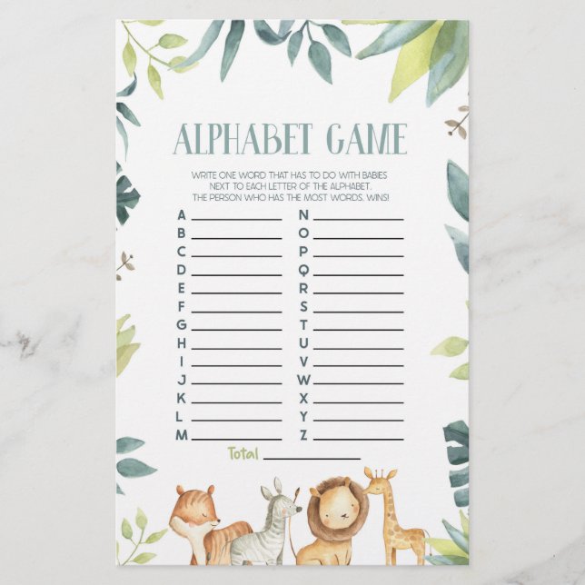 Safari Wild Zoo Animals Alphabet Baby Showspiel Briefpapier (Vorderseite)
