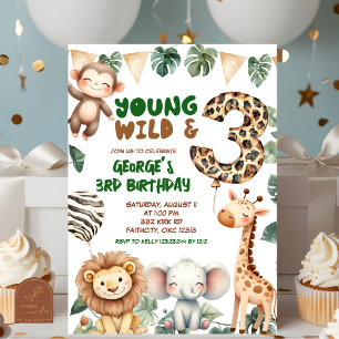 Safari Young wild und drei Geburtstag Einladung