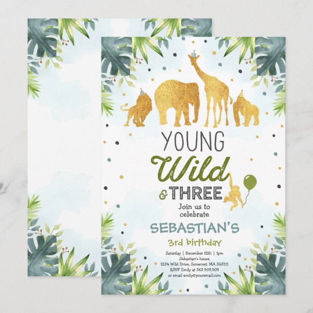 Safari Young Wild und drei Geburtstage Einladung (Vorne/Hinten)