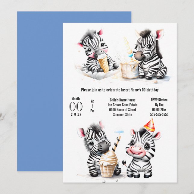 Safari Zebra Eis Party Kinder Sommer Party Einladung (Vorne/Hinten)