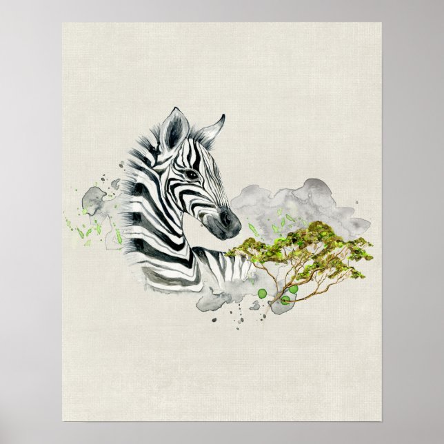 Safari Zebra mit grüner Savannah Tree Wasserfarbe Poster (Vorne)