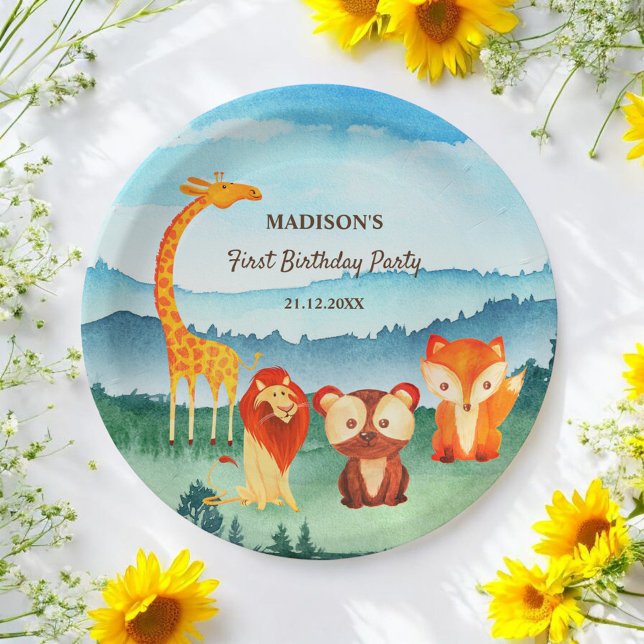 Safari Zootiere Blaue Wasserfarbe Pappteller (Von Creator hochgeladen)