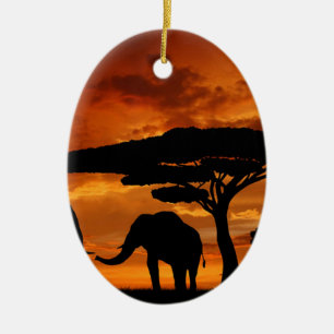 Safariafrikanische Baobabbaum-Elefant-Silhouette Keramik Ornament