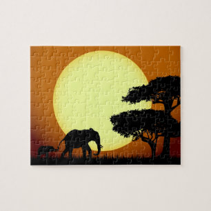 Safarielefanten am Sonnenuntergang Puzzle