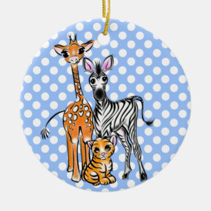 Safarifreunde, Giraffen, Zebra, Tiger, blaue Polka Keramik Ornament