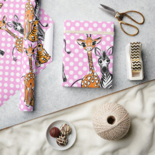 Safarifreunde, Giraffen, Zebra, Tiger, rosa Polka Geschenkpapier