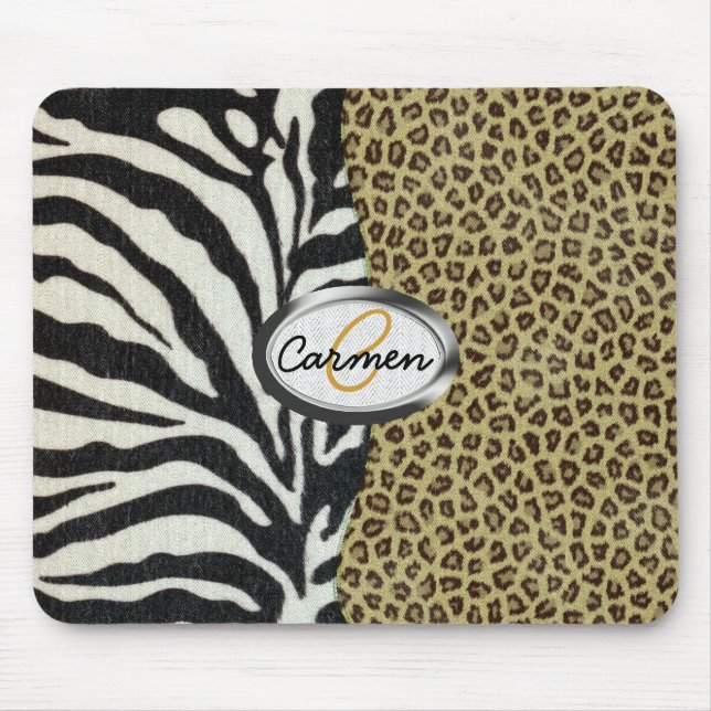 Safarileopard-und Zebra-Druck-Monogramm Mousepad (Vorne)