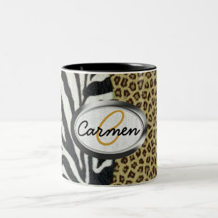 Safarileopard-und Zebra-Druck-Monogramm Zweifarbige Tasse