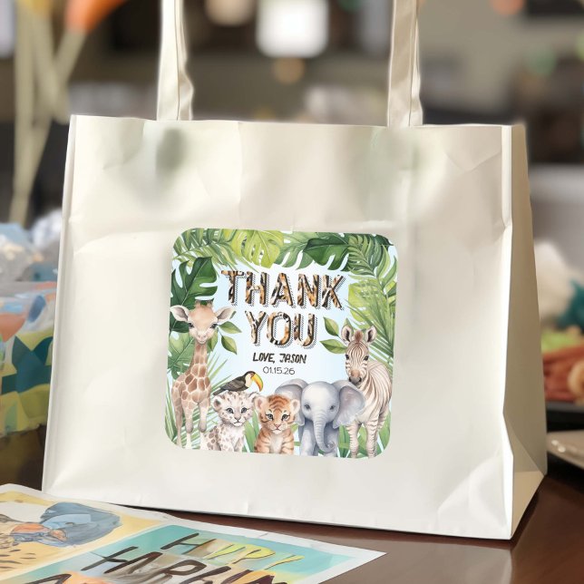 Safary Themed Jungtiere Vielen Dank Quadratischer Aufkleber (Safari Themed birthday goody bag thank you stickers)