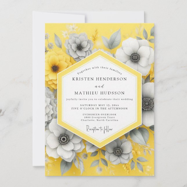 Saffron Charcoal Bloom Wedding Einladung (Vorderseite)