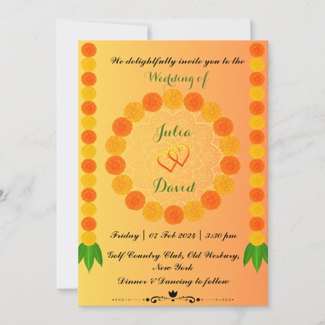 Saffron Gelb mit Marigold Hochzeit Einladung (Vorderseite)