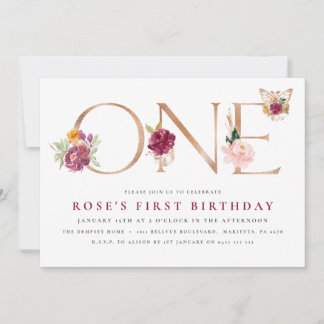 Saffron Rose Gold Floral Butterfly 1. Geburtstag Einladung