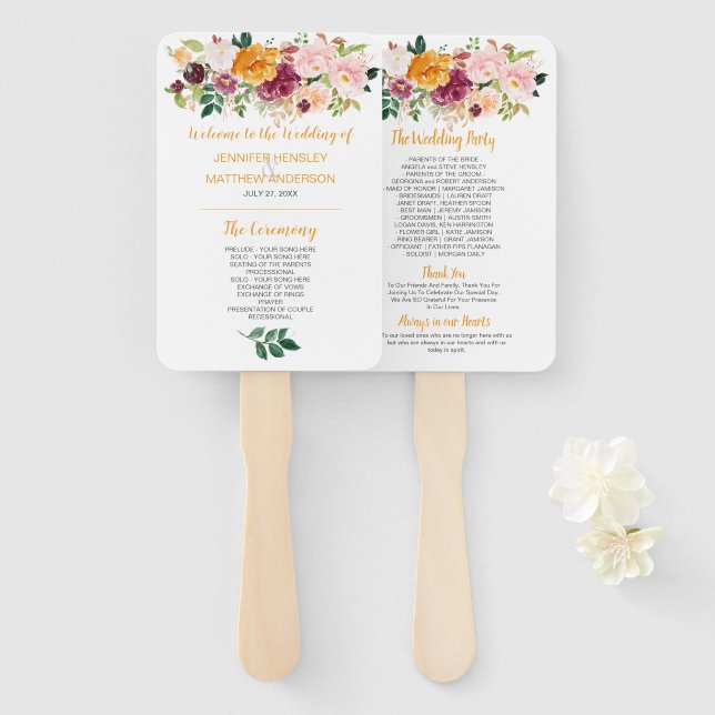 Safran, Burgund, Mauve, rosa Blumenhochzeit Fächer (Vorne und Hinten)