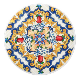 Safranrot Floral Sizilianische Majolika Mittelmeer Keramikknauf