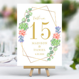 Saftige Grünpflanzen Gold Geometrische Hochzeit Tischnummer