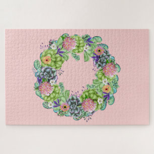 Saftiger Wasserfarben-Blumenkranz auf Rosa Puzzle