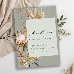 Saga Green Boho Protea Dried Palm Floral Wedding Dankeskarte