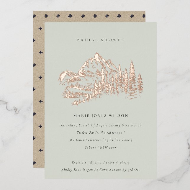 Saga Green Rose Gold Mountain Pine Brautparty Folieneinladung (Vorderseite/Rückseite)