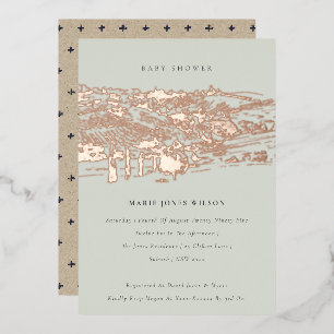 Saga Green Rose Gold Winzerei Skizze Baby Shower Folieneinladung