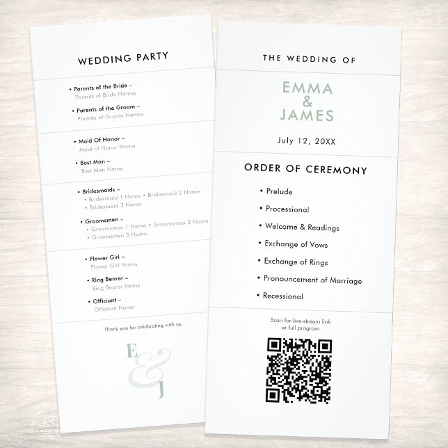 Sage Ampersand Hochzeit | Programm | QR-Code (A Sage green minimalist wedding program featuring clean typography, signature ampersand and QR code.)
