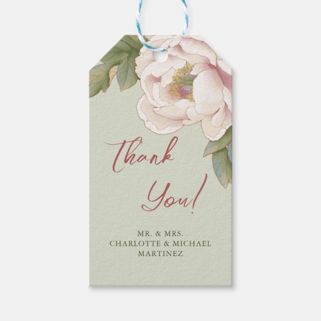 Sage and Blush Peony Rose Danke Gastgeschenk Hochz Geschenkanhänger (Vorderseite)