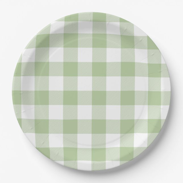 Sage and White Buffalo Plaid Gingham Pappteller (Vorderseite)