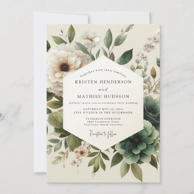 Sage Antique Bloom Hochzeit Einladung (Vorderseite)