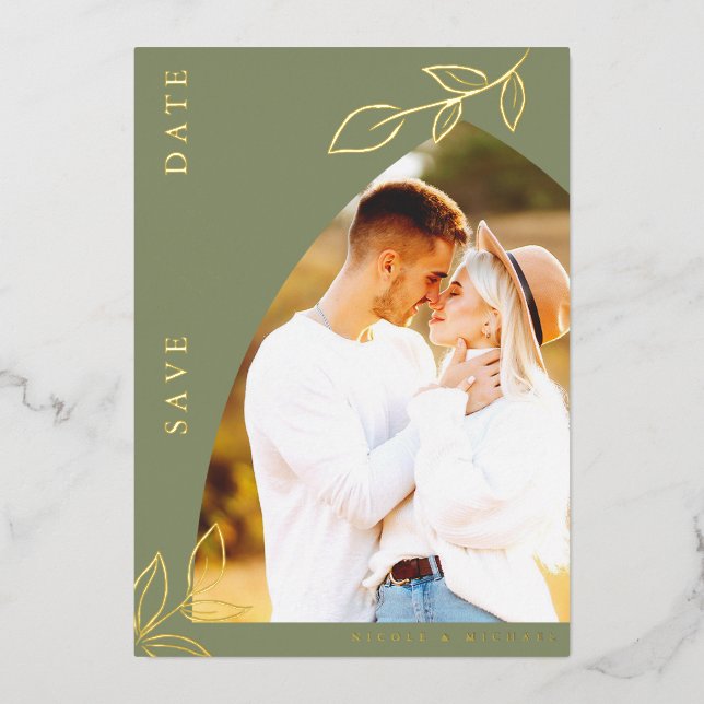 Sage Arch Gold Foil Leaf Save the Date Karte (Vorderseite)