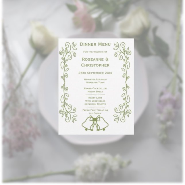 Sage Bells Scrollwork Design Wedding Menükarte (Sage wedding menu bells and scrollwork design)