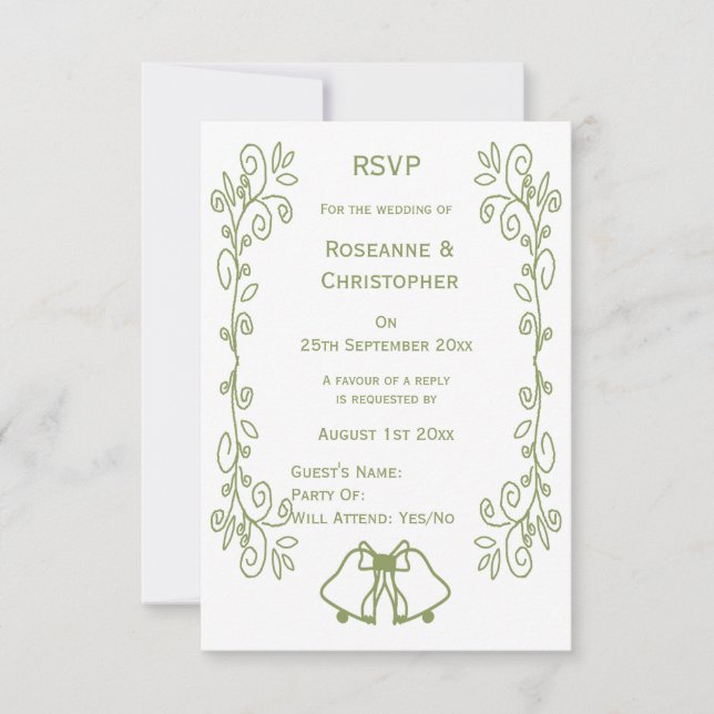 Sage Bells Scrollwork Design Wedding RSVP Karte (Vorderseite)