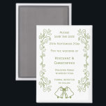 Sage Bells Scrollwork Wedding Save the Date Magnet<br><div class="desc">Hochzeit speichern Sie das Design der Datums-Magneten Glocken. Passen Sie diese Salbeifarbene Hochzeit speichern Sie das Datum Magnet mit Ihren Hochzeitsdetails. Wenn Sie Hilfe bei der Anpassung benötigen,  kontaktieren Sie uns über den Link auf dieser Seite. Zahnfarbenfrohe Glocken Design personalisierte Hochzeit speichern Sie den Datums-Magneten</div>