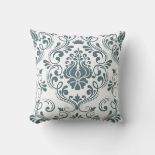 Sage Blue and White Damask Blumenmuster Elegant Kissen