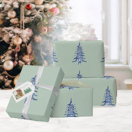 Sage Blue Pagoda Weihnachtsbaum Muster Wrapping Geschenkpapier