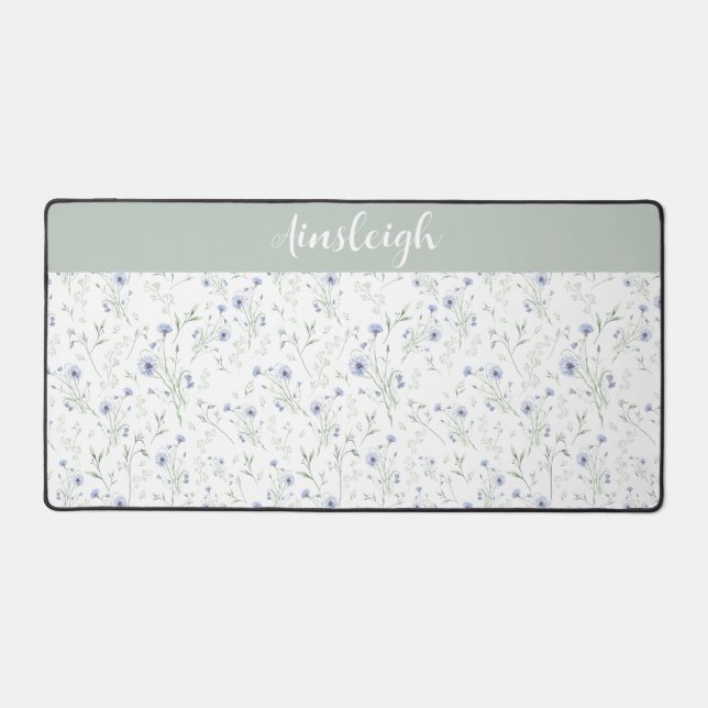 Sage Blue Watercolor Wildflower Floral Custom Name Schreibtischunterlage (Vorderseite)