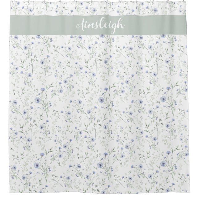 Sage Blue Watercolor Wildflower Monogram Name Duschvorhang (Vorderseite)