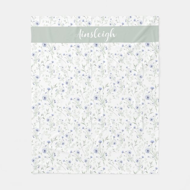 Sage Blue Watercolor Wildflower Monogram Name Fleecedecke (Vorderseite)