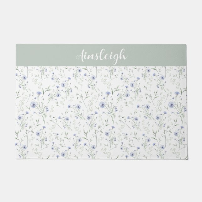 Sage Blue Watercolor Wildflower Monogram Name Fußmatte (Vorderseite)