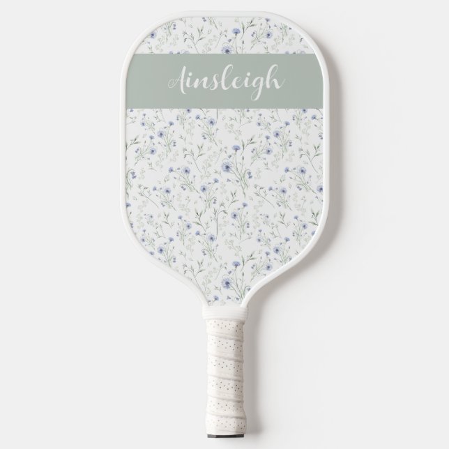 Sage Blue Watercolor Wildflower Monogram Name Pickleball Schläger (Vorderseite)
