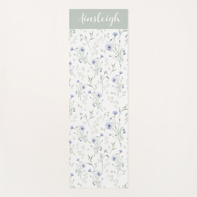 Sage Blue Watercolor Wildflower Monogram Name Yogamatte (Vorderseite)