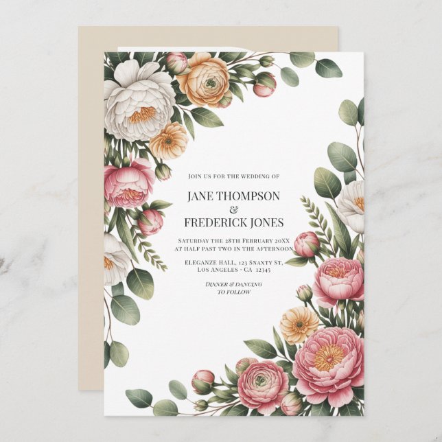 Sage, Blush and Light Tan Floral Wedding QR Code Einladung (Vorne/Hinten)