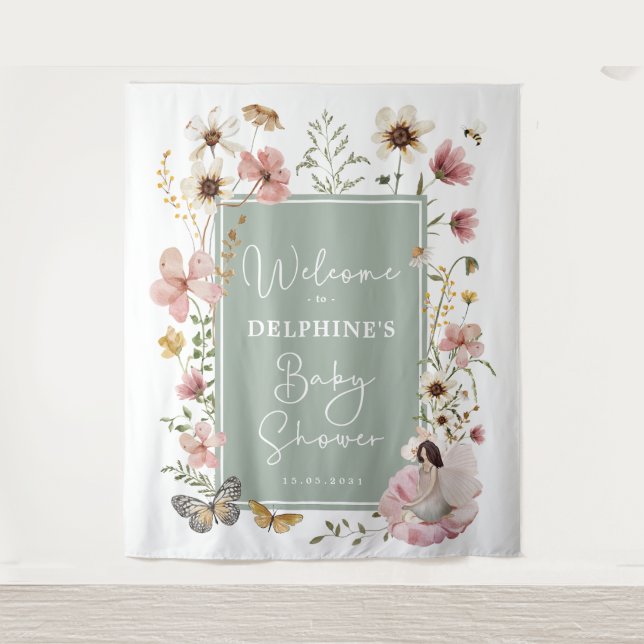 Sage Blush Fairy Wildblume Babydusche Willkommen Wandteppich (Vorderseite)