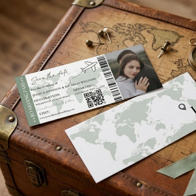 Sage Boarding Pass Hochzeit speichern Sie das Datu Einladung (Von Creator hochgeladen)