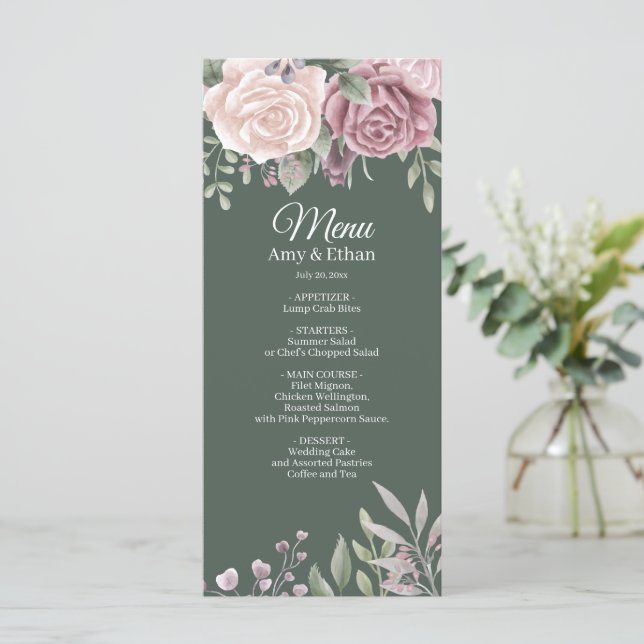 Sage Boho Dusty Rose Wasserfarben Blume Hochzeit Menükarte (Stehend Vorderseite)