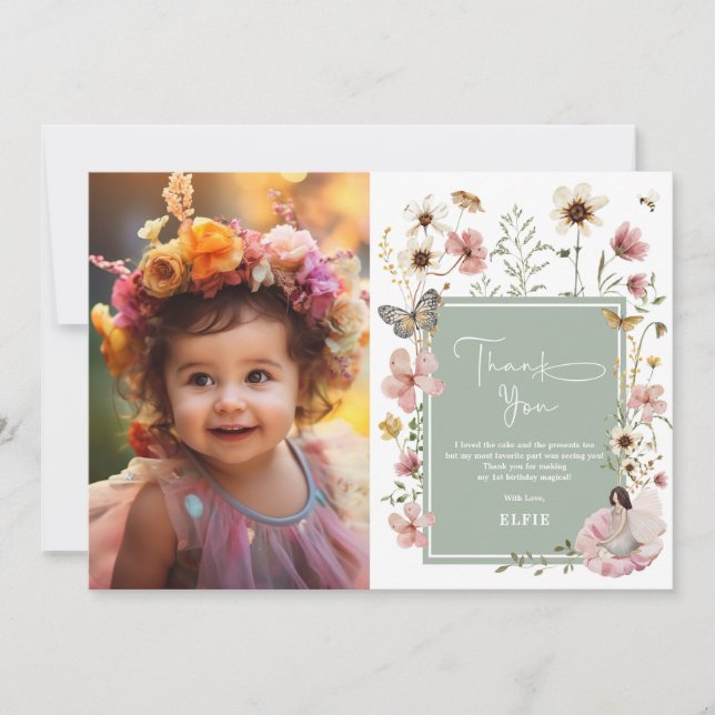 Sage Boho Fairy Wildblume Girl Birthday Foto Dankeskarte (Vorderseite)