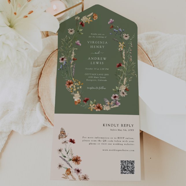 Sage Boho QR-Code All In One Einladung (Boho Sage Boho Wildflower QR Code All In One with Butterfly Invite by Painted Paperie
)