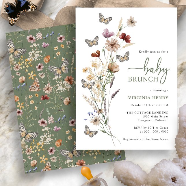 Sage Boho Wildblume Baby Brunch Einladung (Sage Green Boho Wildflower Baby Brunch Invitation with Butterflies by Painted Paperie
)