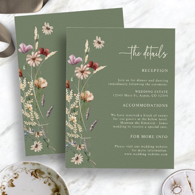 Sage Boho Wildblumen Hochzeitkarte Begleitkarte (Sage Green Boho Wildflowers The Details Wedding Enclosure Card by Painted Paperie)