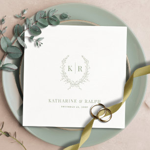 Sage Botaniacal & Ribbon Wappen Monogram Wedding Serviette